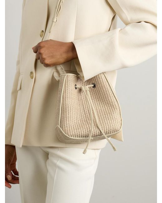 Brunello Cucinelli Natural Embellished Leather-Trimmed Raffia Bucket Bag