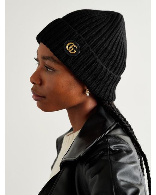 Gucci Black Victor Appliquéd Ribbed Wool And Cashmere-Blend Beanie