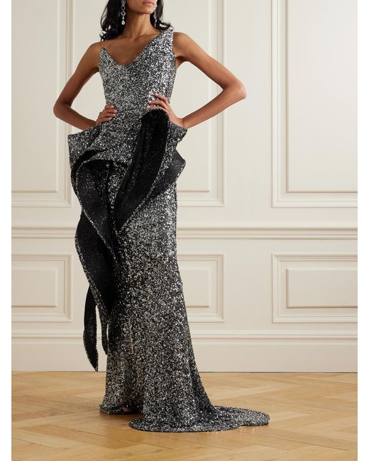 Maticevski Metallic Indiscreet Wave Strapless Asymmetric Ruffled Sequined Tulle Top