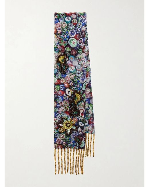 Dries Van Noten Blue Floral-Print Fringed Scarf