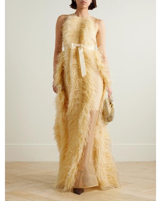 Huishan Zhang Yellow Beau Feather And Grosgrain-Trimmed Silk-Organza Gown
