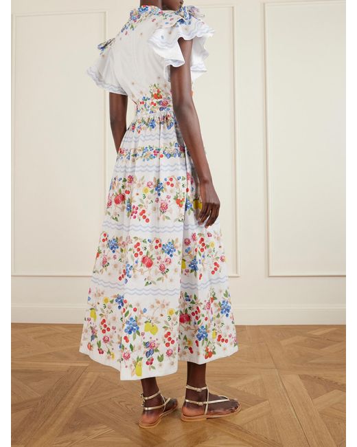 Mary Katrantzou White Belted Floral-Print Cotton-Blend Midi Dress