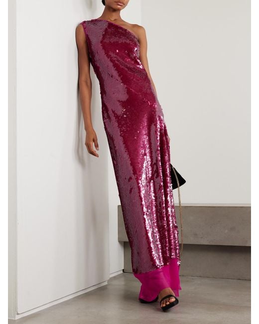 Stella McCartney Purple One-Shoulder Chiffon-Trimmed Sequined Tulle Gown