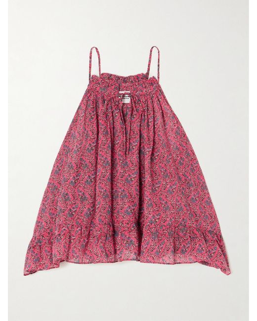 Isabel Marant Red Fabino Tie-Detailed Ruffled Printed Cotton-Voile Blouse