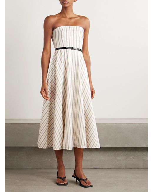 Max Mara Fervida Belted Strapless Striped Cotton And Linen
