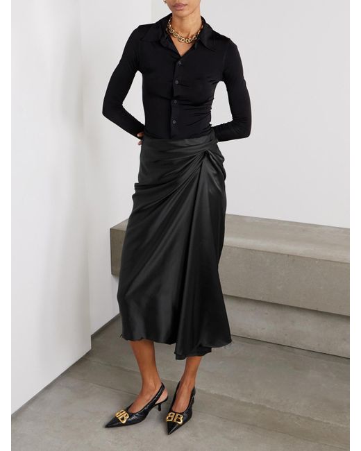 Balenciaga Black Asymmetric Frayed Gathered Draped Satin Midi Skirt