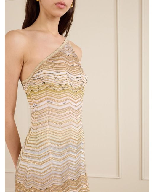 Missoni Natural One-Shoulder Sequin-Embellished Striped Metallic Crochet-Knit Maxi Dress