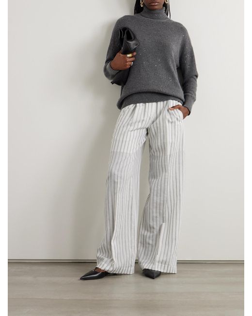 Brunello Cucinelli White Pleated Striped Cotton And Silk-Blend Wide-Leg Pants