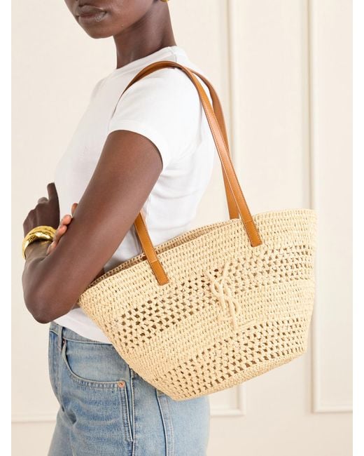 Saint Laurent Natural Panier Small Leather-Trimmed Raffia Tote