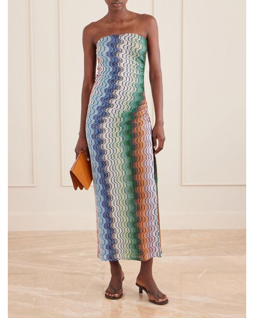 Missoni Blue Strapless Striped Metallic Crochet-Knit Coverup