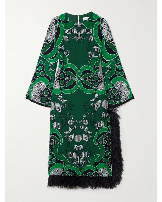 Borgo De Nor Green Seraphina Crystal-Embellished Feather-Trimmed Printed Crepe De Chine Midi Dress