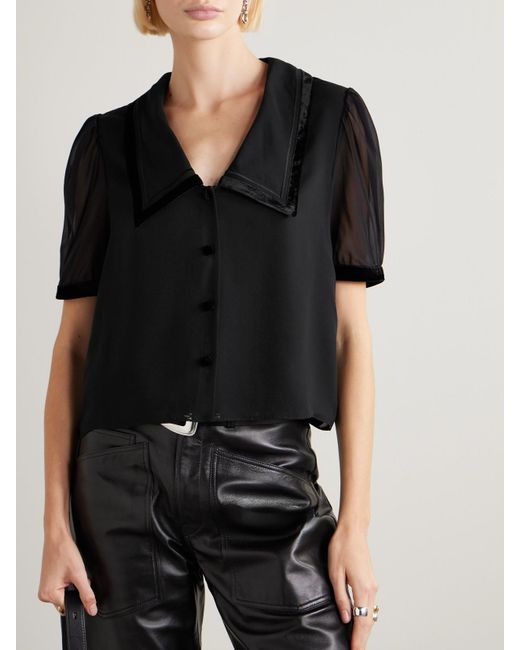 FRAME Black The Sailor Velvet-Trimmed Silk-Chiffon Blouse