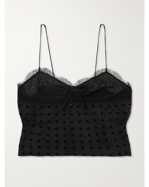 Alessandra Rich Black Top Aus Beflocktem Seiden-Georgette Mit Polka-Dots, Spitzenbesatz Und Schleife