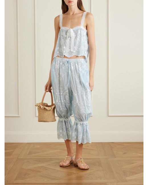 Miguelina White Kaila Cropped Asymmetric Bow-Detailed Embroidered Silk-Blend Voile Top