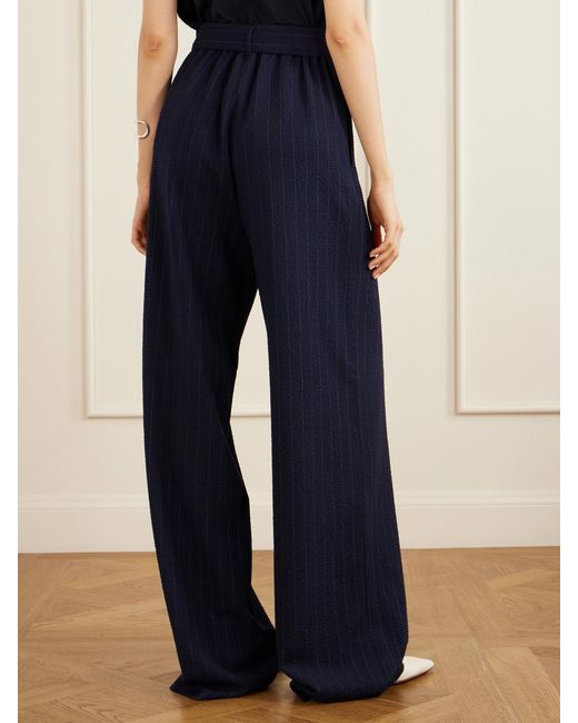Max Mara Blue Striped Seersucker Virgin Wool-Blend Pants