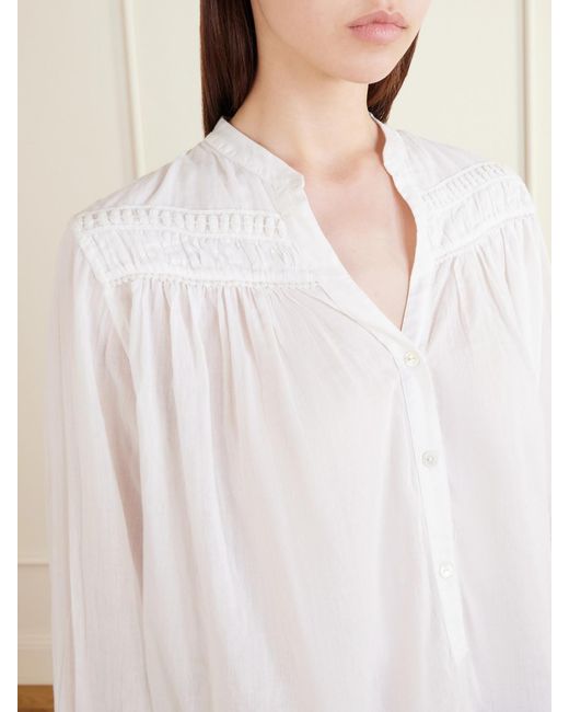 Nili Lotan White Clarys Embroidered Gathered Cotton-Voile Blouse