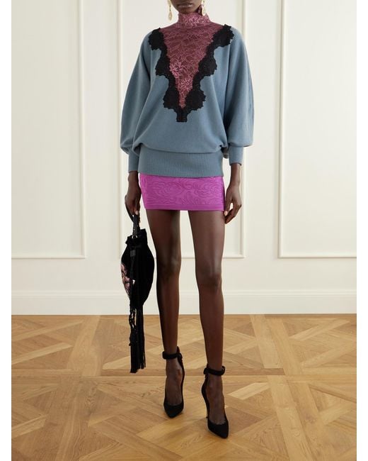 Valentino Garavani Blue Lace-Trimmed Wool Sweater