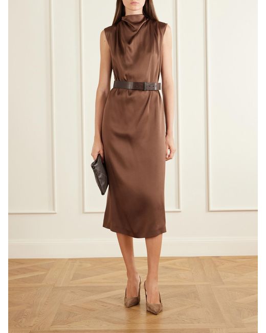 Brunello Cucinelli Brown Belted Satin Midi Dress