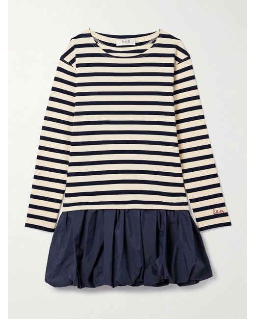 Sea Blue Athena Striped Cotton-Jersey And Gathered Shell Mini Dress