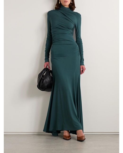TOVE Green Africa Ruched Stretch-Jersey Turtleneck Maxi Dress