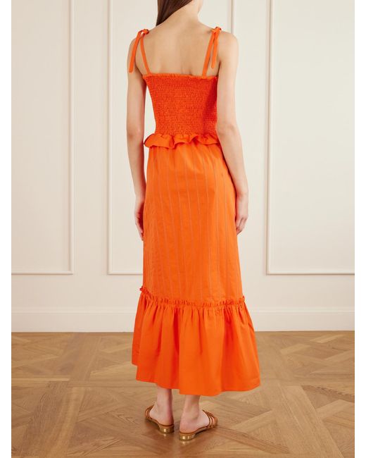 Loretta Caponi Orange Alberica Ruffled Tiered Shirred Cotton-Poplin Midi Dress