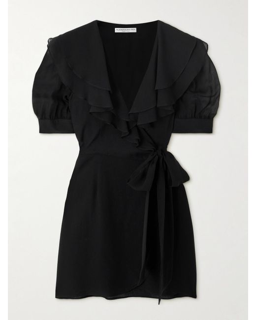 Alessandra Rich Black Ruffled Silk-Georgette Mini Wrap Dress