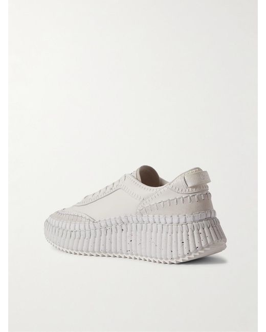 Chloé White Net Sustain Nama Embroidered Suede-Trimmed Leather Sneakers