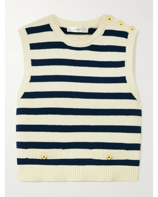 FRAME Blue The Harbor Button-Embellished Striped Cotton-Blend Vest