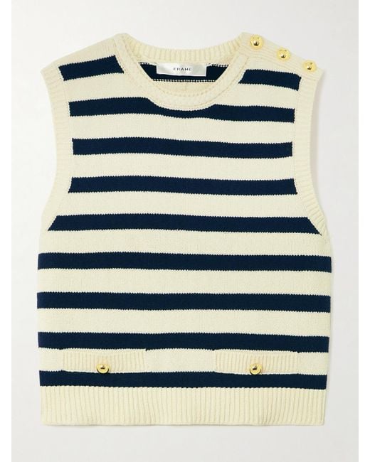 FRAME Blue The Harbor Button-Embellished Striped Cotton-Blend Vest