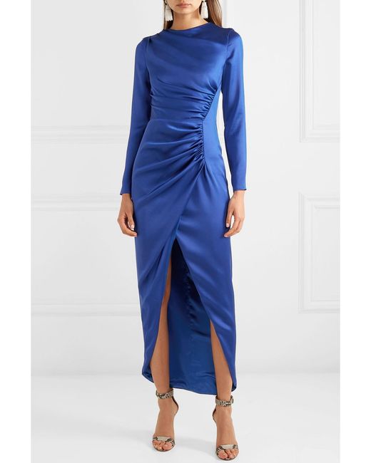 Rasario Blue Gathered Satin Midi Dress