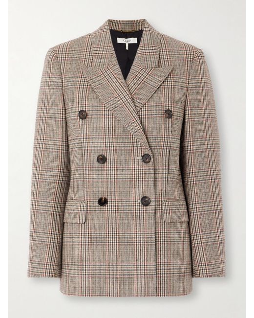 Chloé Natural Double-Breasted Checked Wool-Blend Blazer