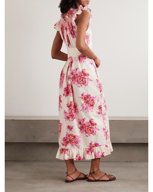 Loretta Caponi Pink Delfina Ruffled Smocked Floral-Print Cotton Maxi Dress