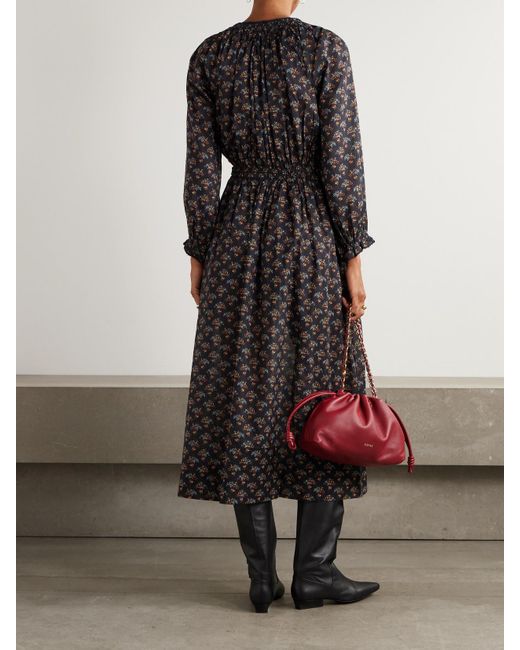 Doen Black Delfina Shirred Floral-Print Organic Cotton-Voile Midi Dress