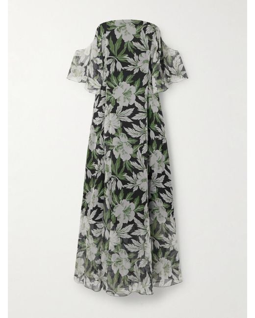 Loewe Green Off-The-Shoulder Floral-Print Silk-Crepon Midi Dress