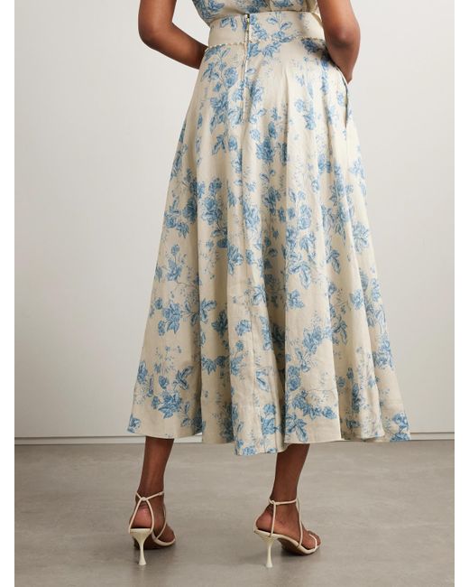 Agua Bendita Blue Bergamota Bougainvillea Embellished Floral-Print Linen Midi Skirt