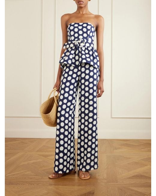 Cara Cara Blue Tilda Strapless Belted Peplum Polka Dot Linen Top