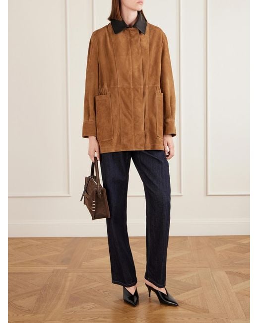 Nour Hammour Brown Grange Gathered Leather-Trimmed Suede Jacket