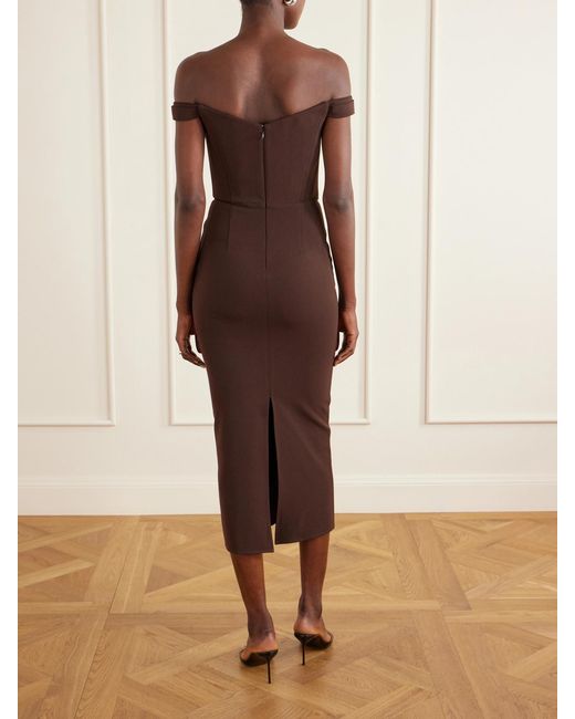 Alex Perry Brown Off-The-Shoulder Crepe Midi Dress
