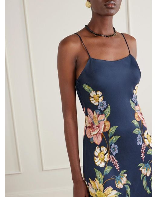 Farm Rio Blue Maira Floral-Print Satin Maxi Dress
