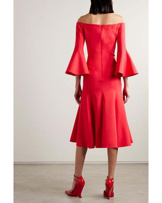 Oscar de la Renta Red Off-The-Shoulder Wool-Blend Midi Dress