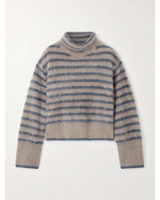 Lisa Yang Gray Floren Striped Brushed-Cashmere Turtleneck Sweater