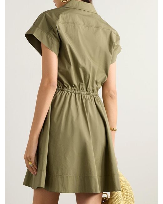 Tory Burch Green Pleated Cotton-Blend Poplin Mini Shirt Dress