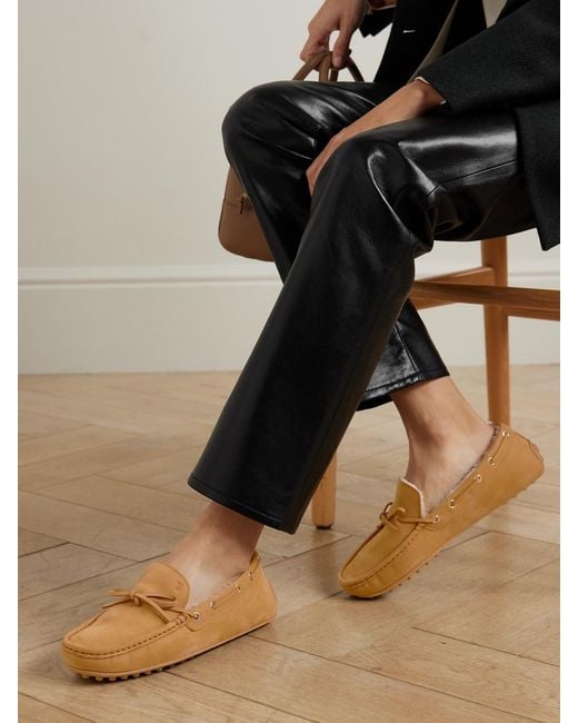 Tod's Brown Gommino Shearling-Trimmed Suede Loafers