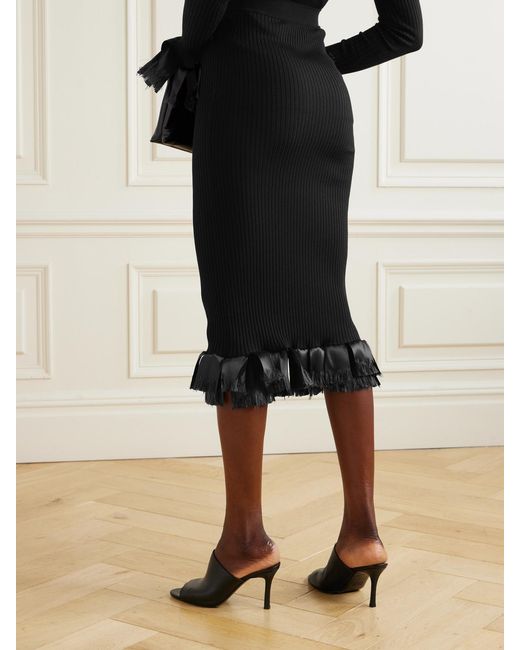 FFORME Black Riley Satin-Trimmed Ribbed Wool-Blend Skirt