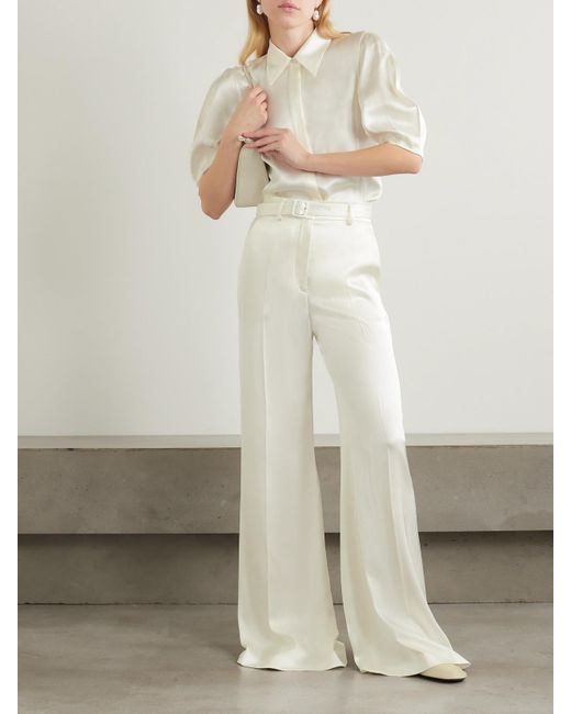 Gabriela Hearst White Mabon Belted Silk-Satin Wide-Leg Pants