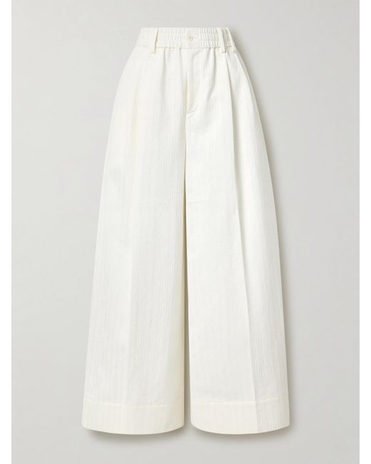 Christopher John Rogers White Hose Mit Weitem Bein Aus Bestickter Baumwolle Mit Falten