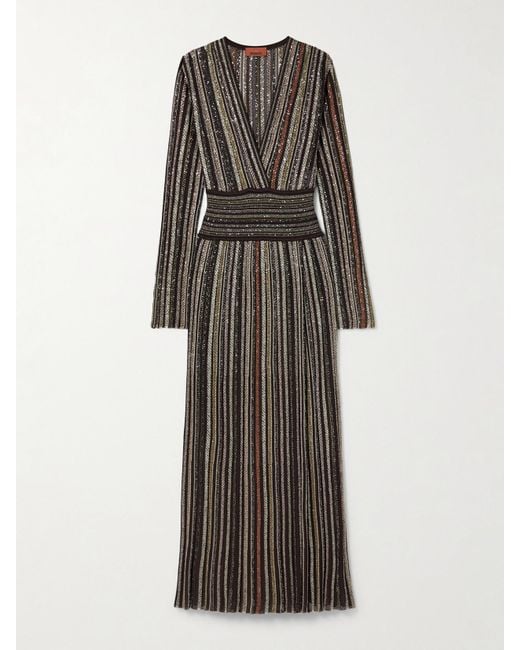 Missoni Black Maxikleid Aus Gestreiftem Jersey Mit Pailletten Und Wickeleffekt