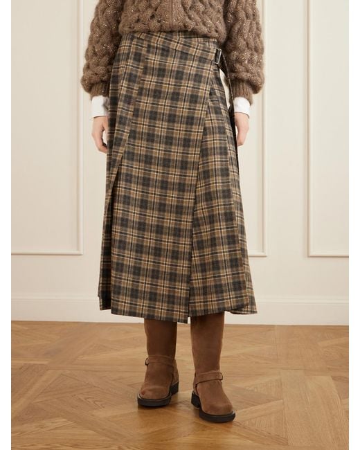 Brunello Cucinelli Natural Checked Wool-Blend Wrap Midi Skirt