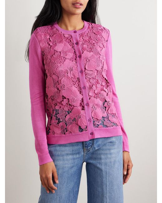 Oscar de la Renta Pink Guipure Lace-Paneled Silk-Blend Cardigan