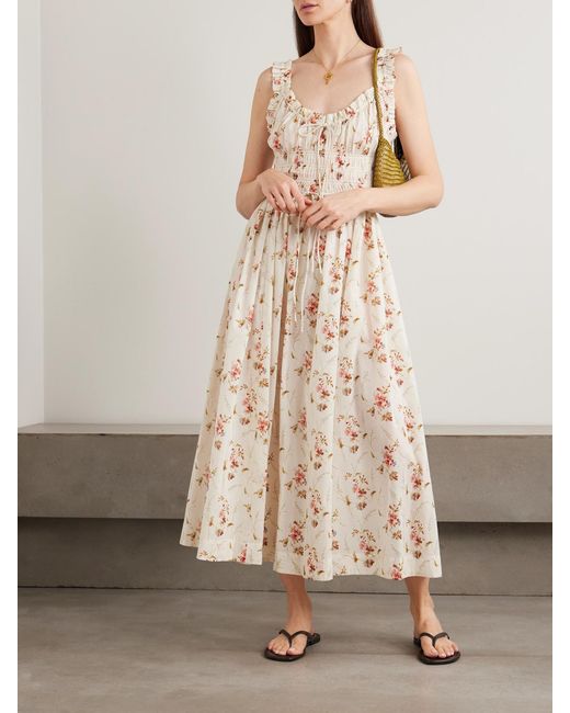 Doen Natural Emmaretta Tie-Detailed Shirred Floral-Print Organic Cotton Midi Dress